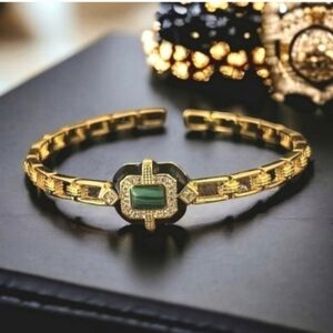18k Gold Plated Malachite Stone Black Enamel Chain Link Cuff Bangle Bracelet